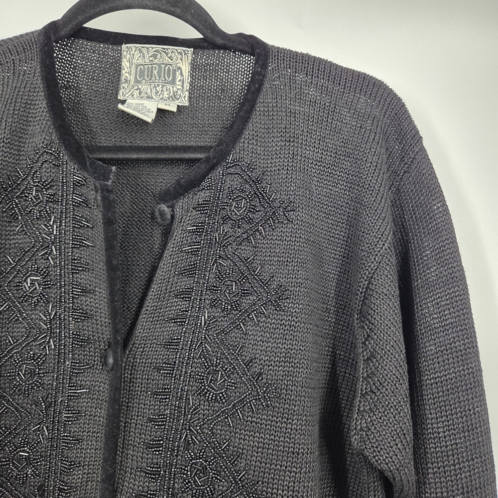 Vintage Curio Cardigan Sweater Womens M Beaded Embroidered Floral Artsy Boho - Picture 2 of 5